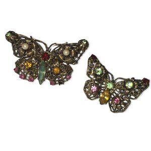 Vintage 1940s Czech Set of 2 Butterfly Rhinestone + Pearl Brooches